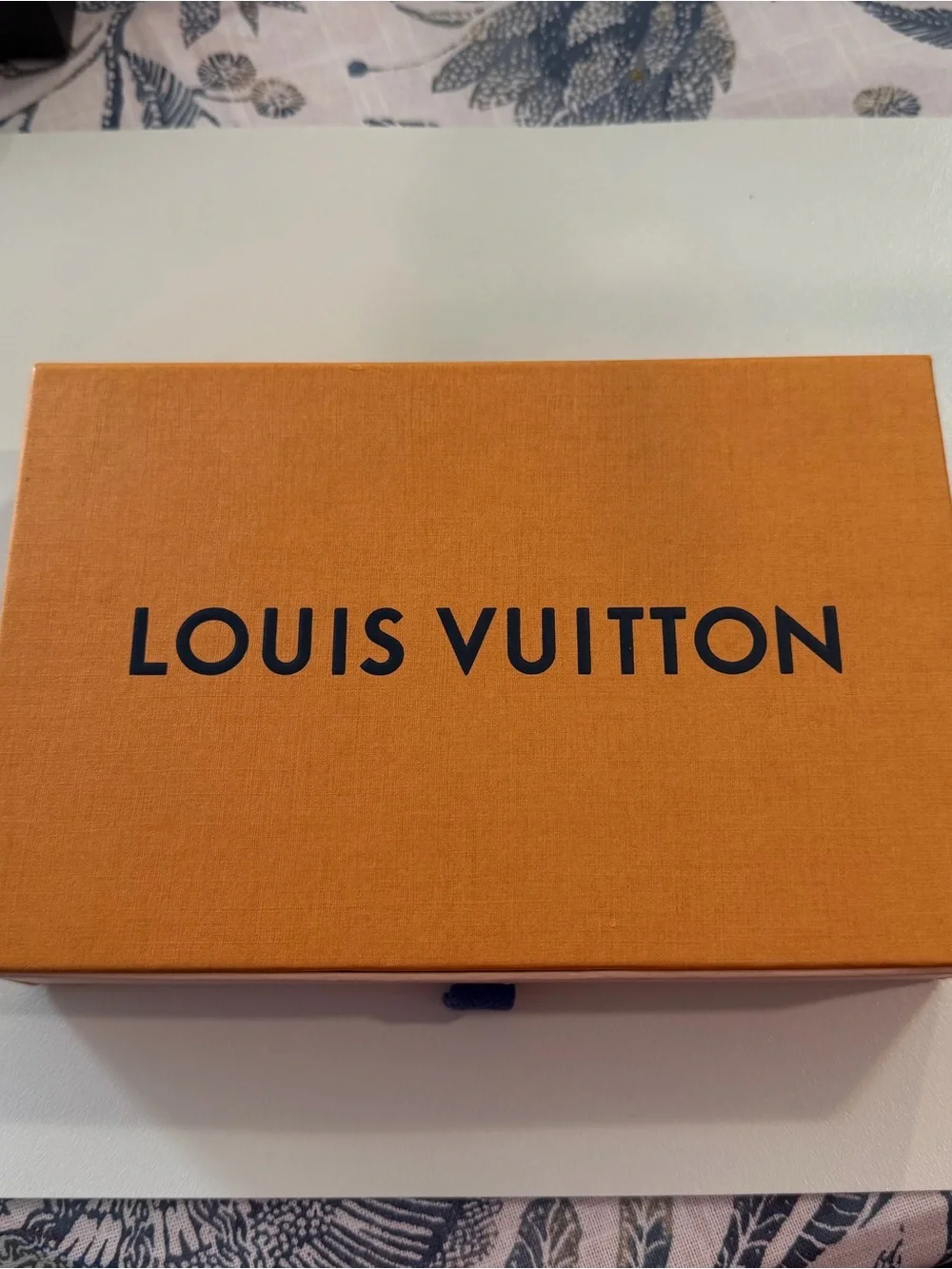 Louis Vuitton Orange Box with Navy Logo and Cream Dust Bag
